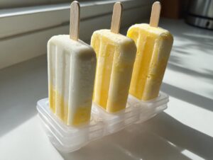 Three freshly made boozy piña colada ice pops partially removed from a clear plastic popsicle mold, sitting in sunlight.