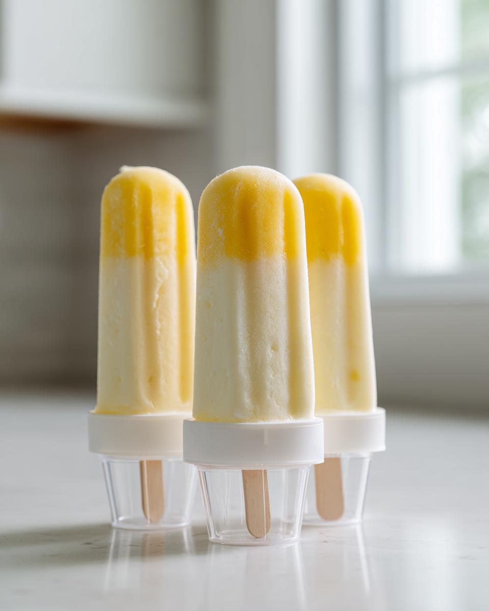 Three freshly made boozy piña colada ice pops, showing a white bottom layer and a yellow top layer, resting in their molds.