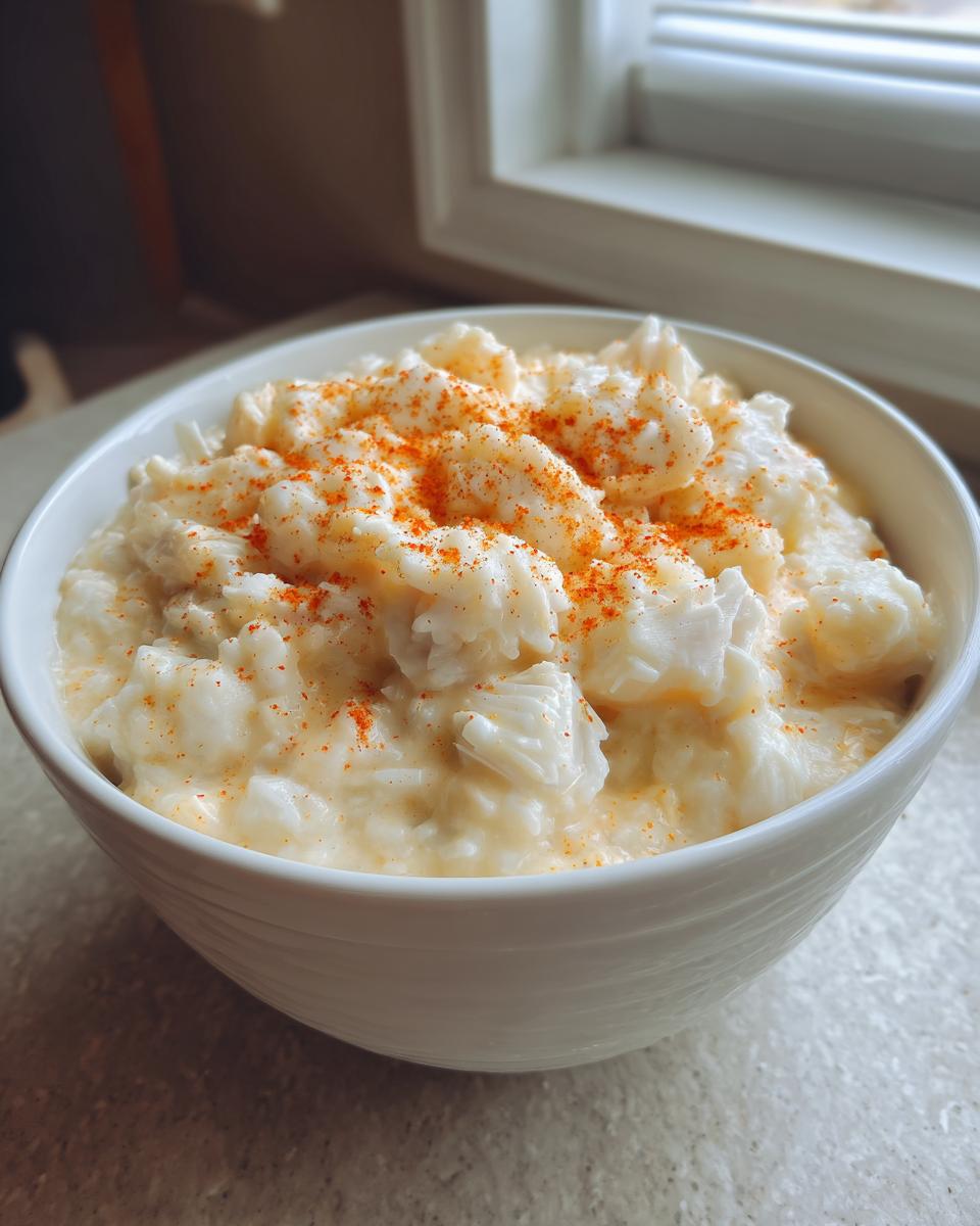 Close-up of a white bowl filled with thick cream of crab soup, topped with paprika.