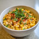 A close-up of a white bowl filled with creamy easy mexican street corn salad, topped with chili powder and fresh cilantro.