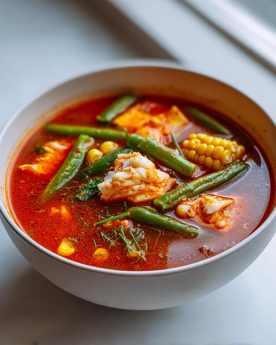 Close-up of a bowl of vibrant red maryland crab soup featuring large pieces of crab meat, corn on the cob, and green beans.
