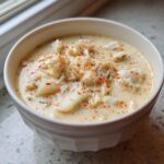 A close-up of a white bowl filled with rich cream of crab soup, topped with generous lumps of crab meat and paprika.