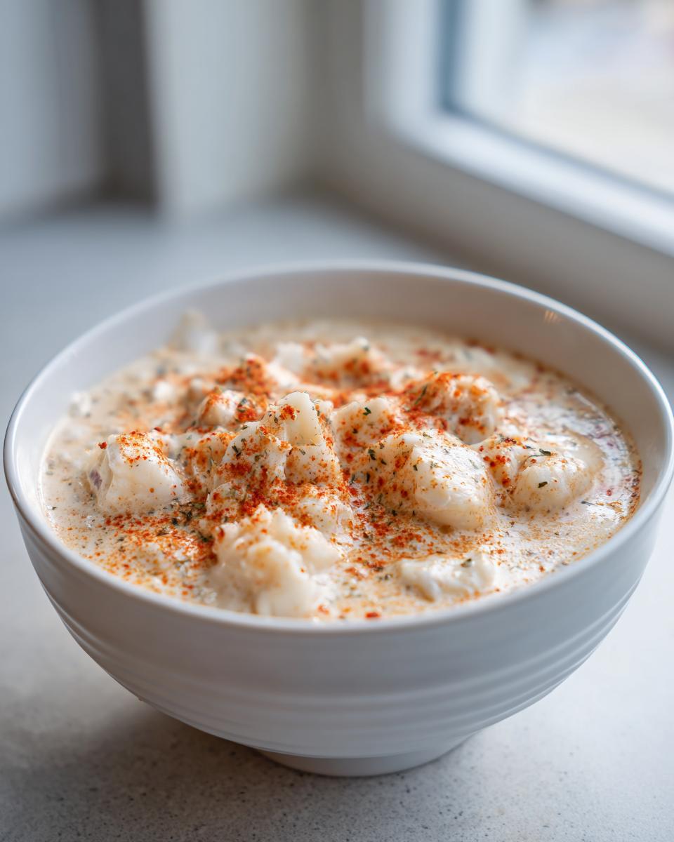 A white bowl filled with rich cream of crab soup, topped generously with paprika and herbs.