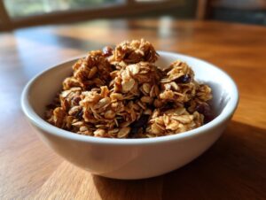 A white bowl filled with crunchy clusters of homemade super seed granola, set on a wooden table.
