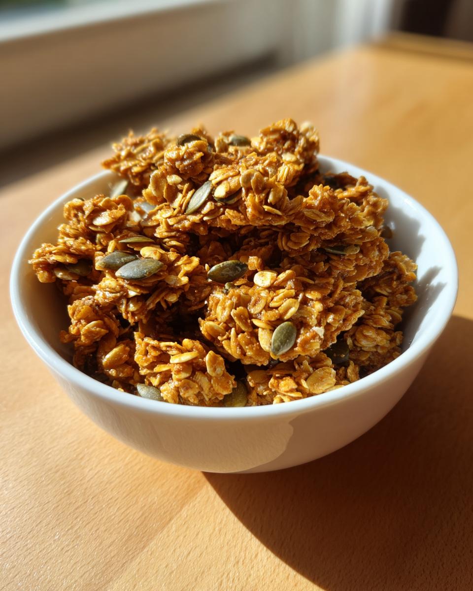 A white bowl filled with golden, clustered super seed granola, topped with visible green pumpkin seeds, sitting on a wooden surface.