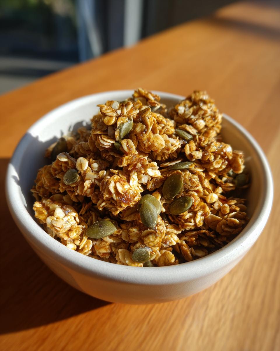 Close-up of a white bowl filled with crunchy, golden super seed granola clusters topped with dark green pumpkin seeds.