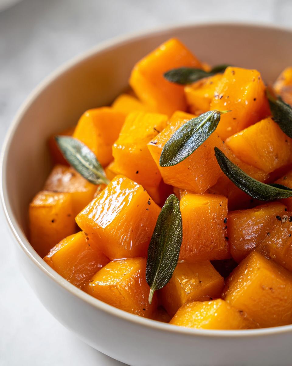 Close-up of bright orange, glossy cubes of braised butternut squash garnished with fresh sage leaves in a white bowl.