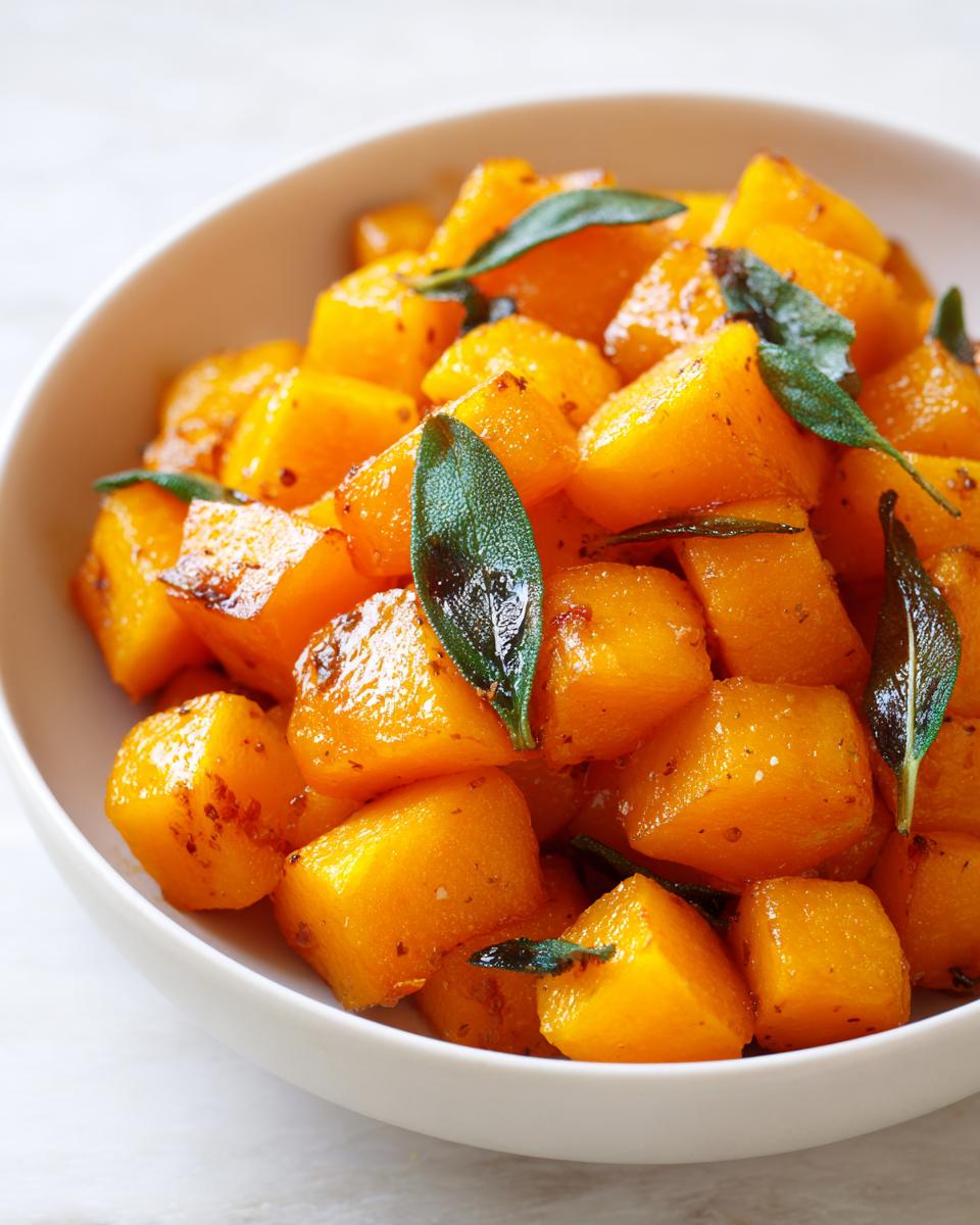 Close-up of bright orange, cubed braised butternut squash garnished with dark green sage leaves in a white bowl.