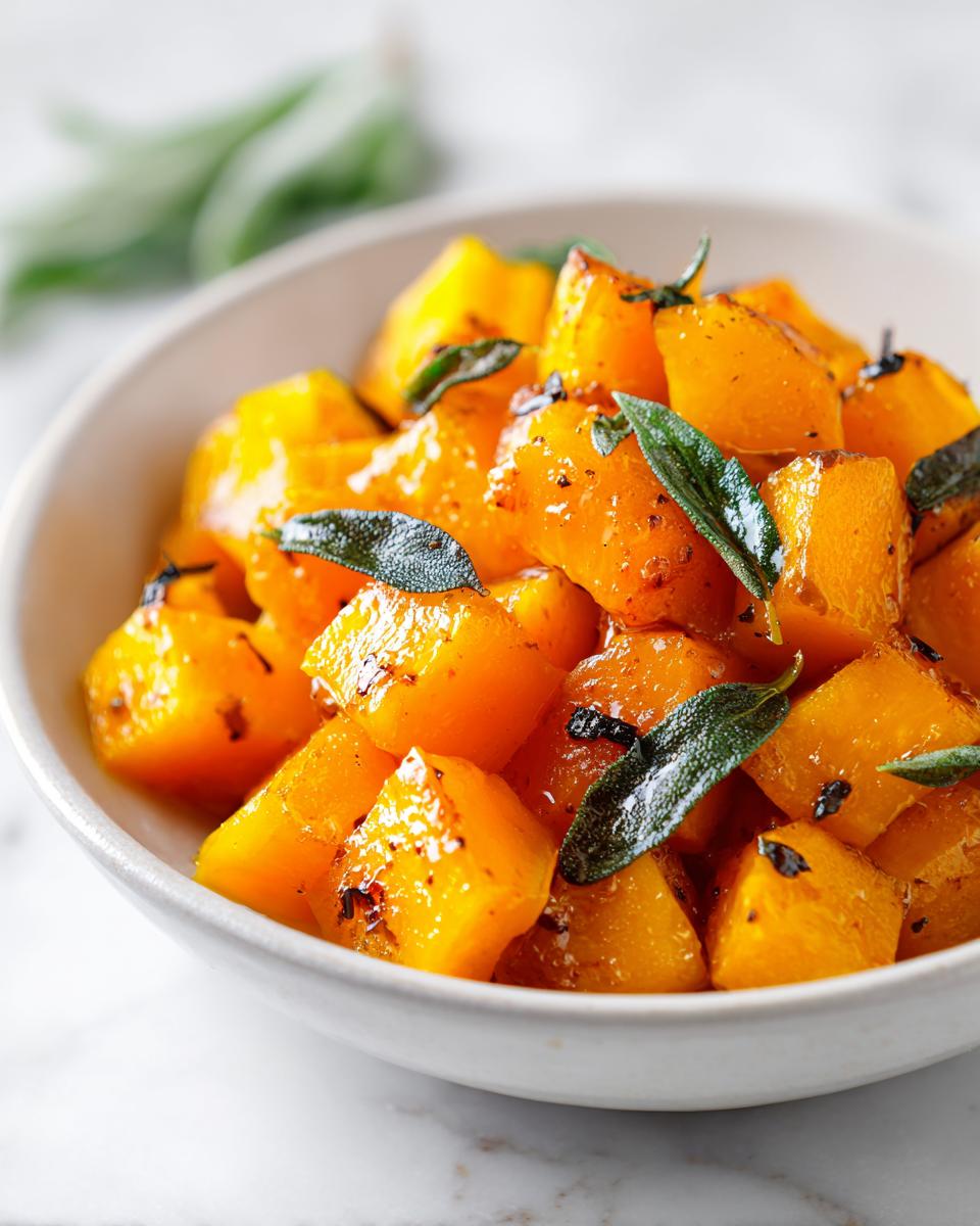 Close-up of glistening, cubed braised butternut squash topped with fresh sage leaves in a white bowl.