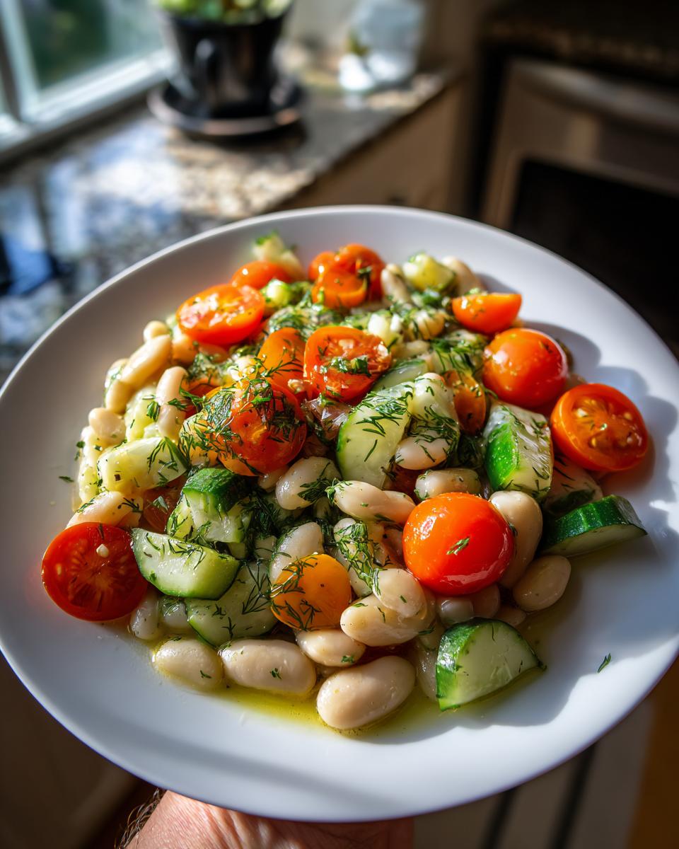 A close-up of a bright white bean salad featuring cannellini beans, halved cherry tomatoes, and sliced cucumbers, dressed with herbs.