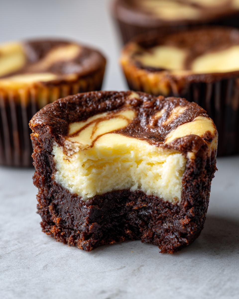 A close-up of one brownie cheesecake cup with a bite taken out, revealing the dense brownie base and creamy cheesecake swirl.