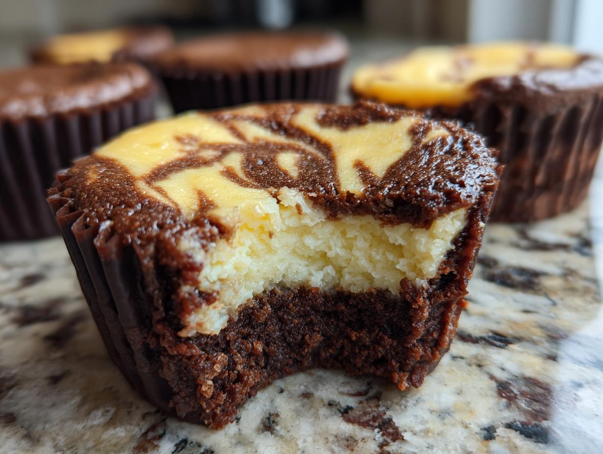 Close-up of a brownie cheesecake cup with a bite taken out, showing the rich chocolate base and creamy cheesecake filling with a marbled swirl.