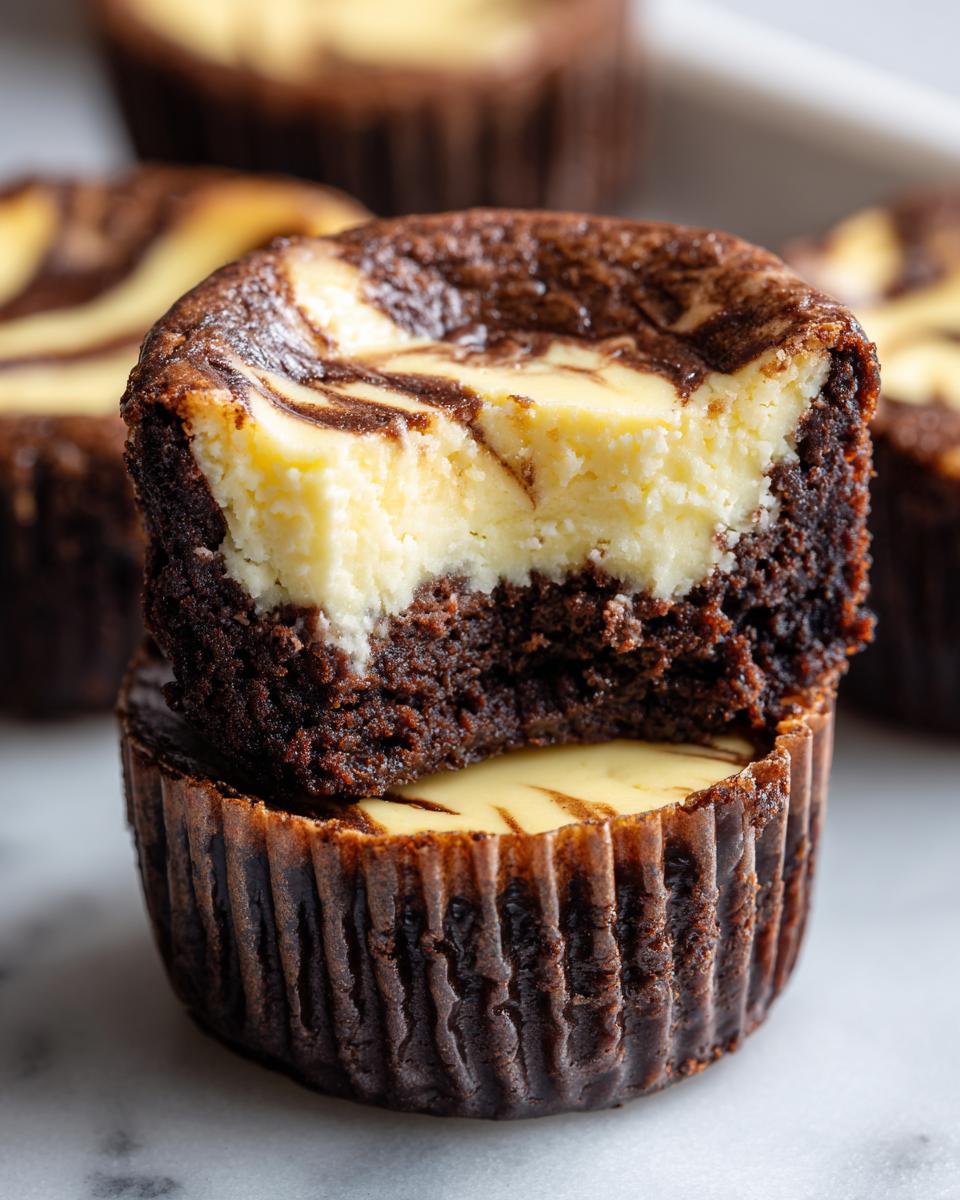 Close-up of two stacked brownie cheesecake cups, showing the rich chocolate base and creamy swirled cheesecake filling.