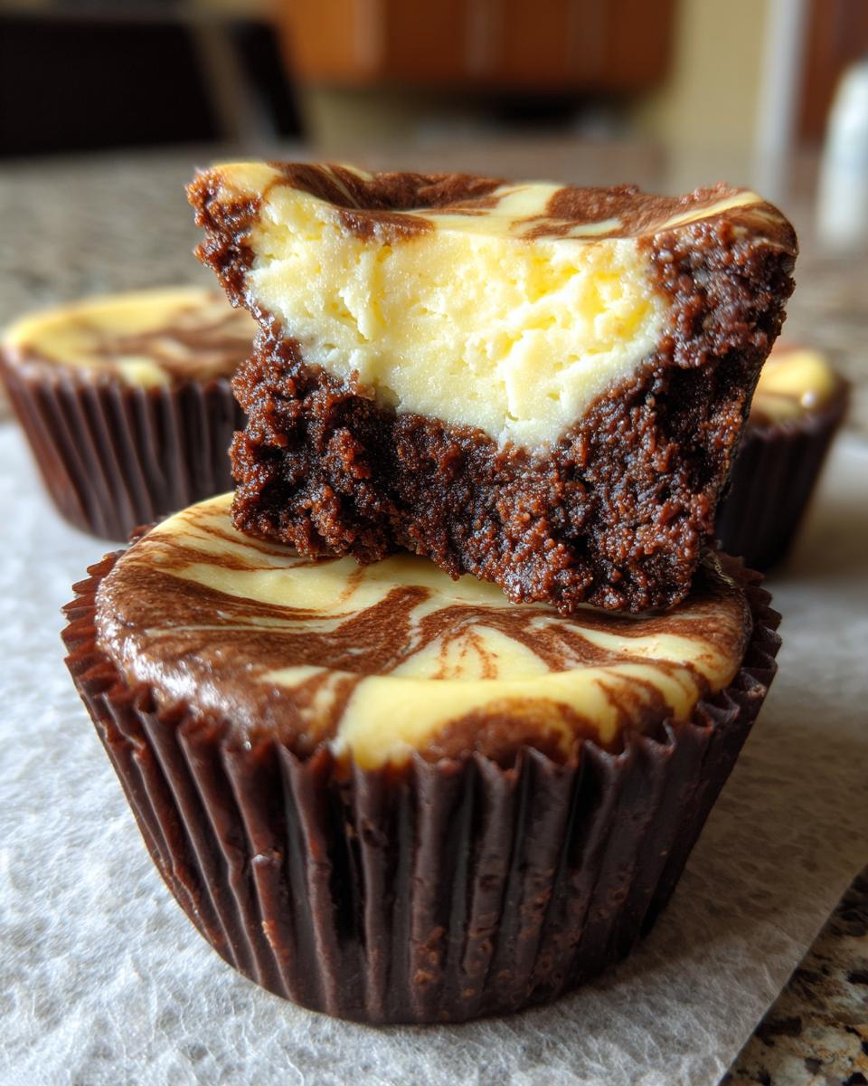 Close-up of a brownie cheesecake cup cut in half, showing the rich brownie base and creamy cheesecake swirl topping.