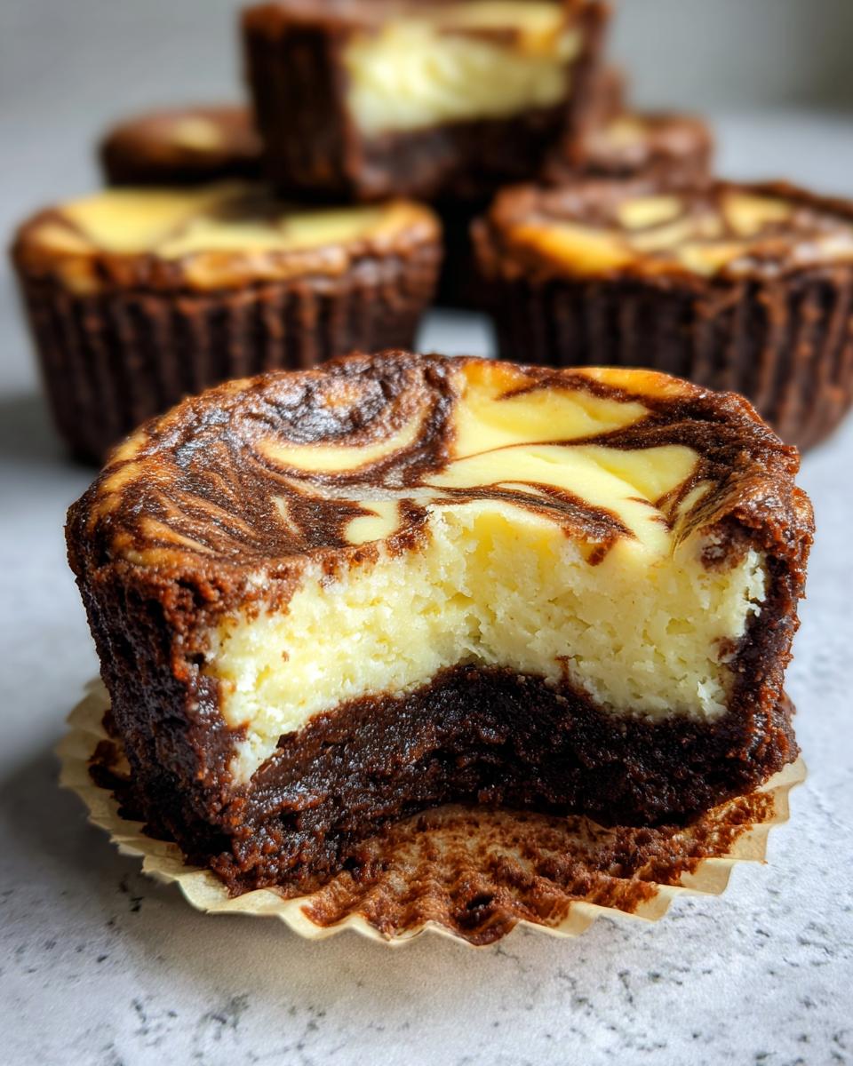 A close-up view of one brownie cheesecake cup with a bite taken out, showing the rich brownie base and swirled cheesecake top.
