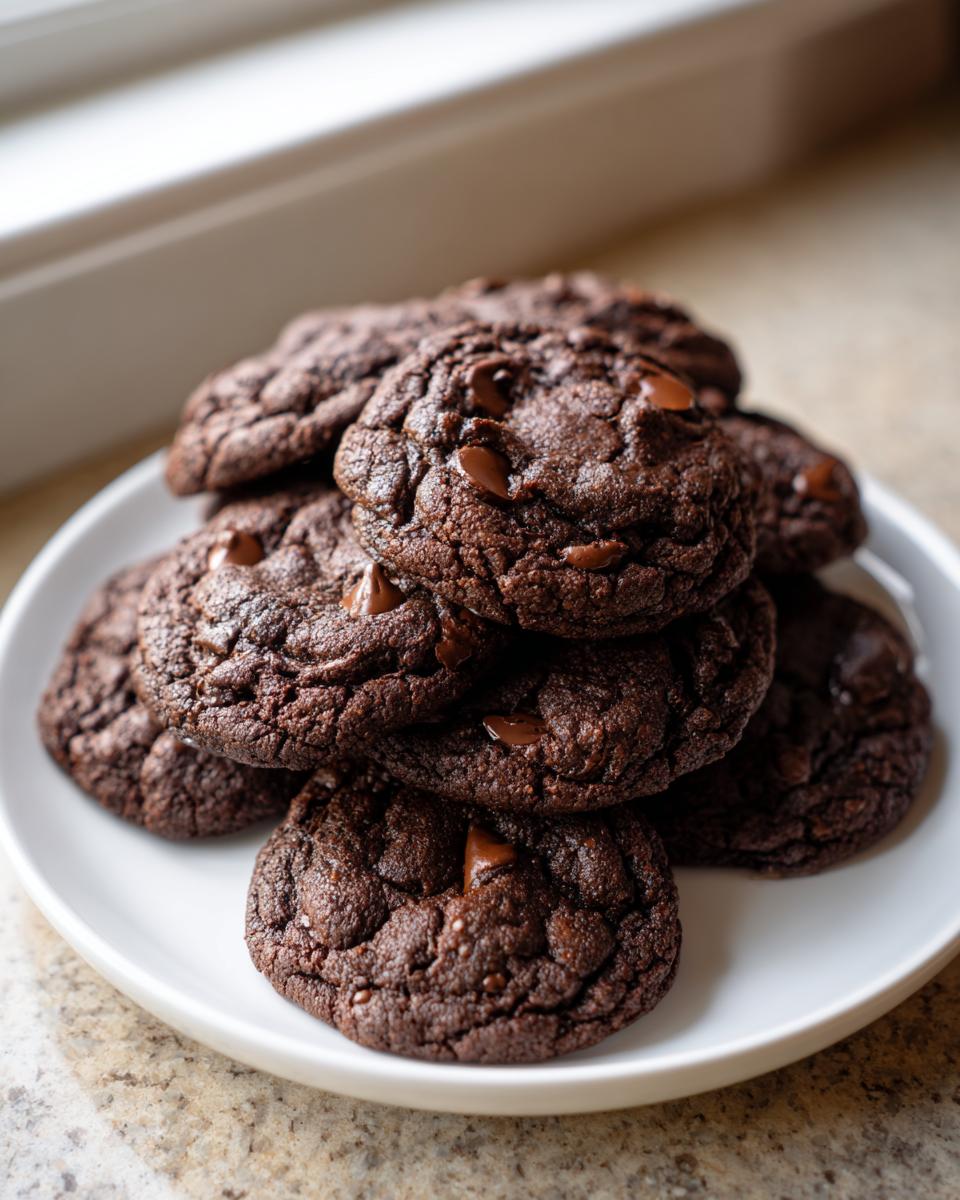 A close-up of a stack of fudgy, dark chocolate brownie mix cookies studded with chocolate chips on a white plate.