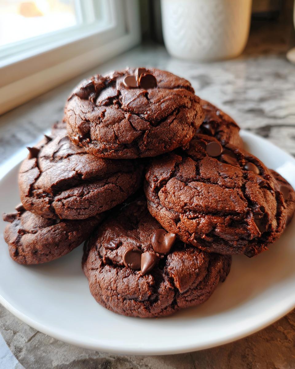 A stack of rich, dark chocolate brownie mix cookies topped with chocolate chips on a white plate.