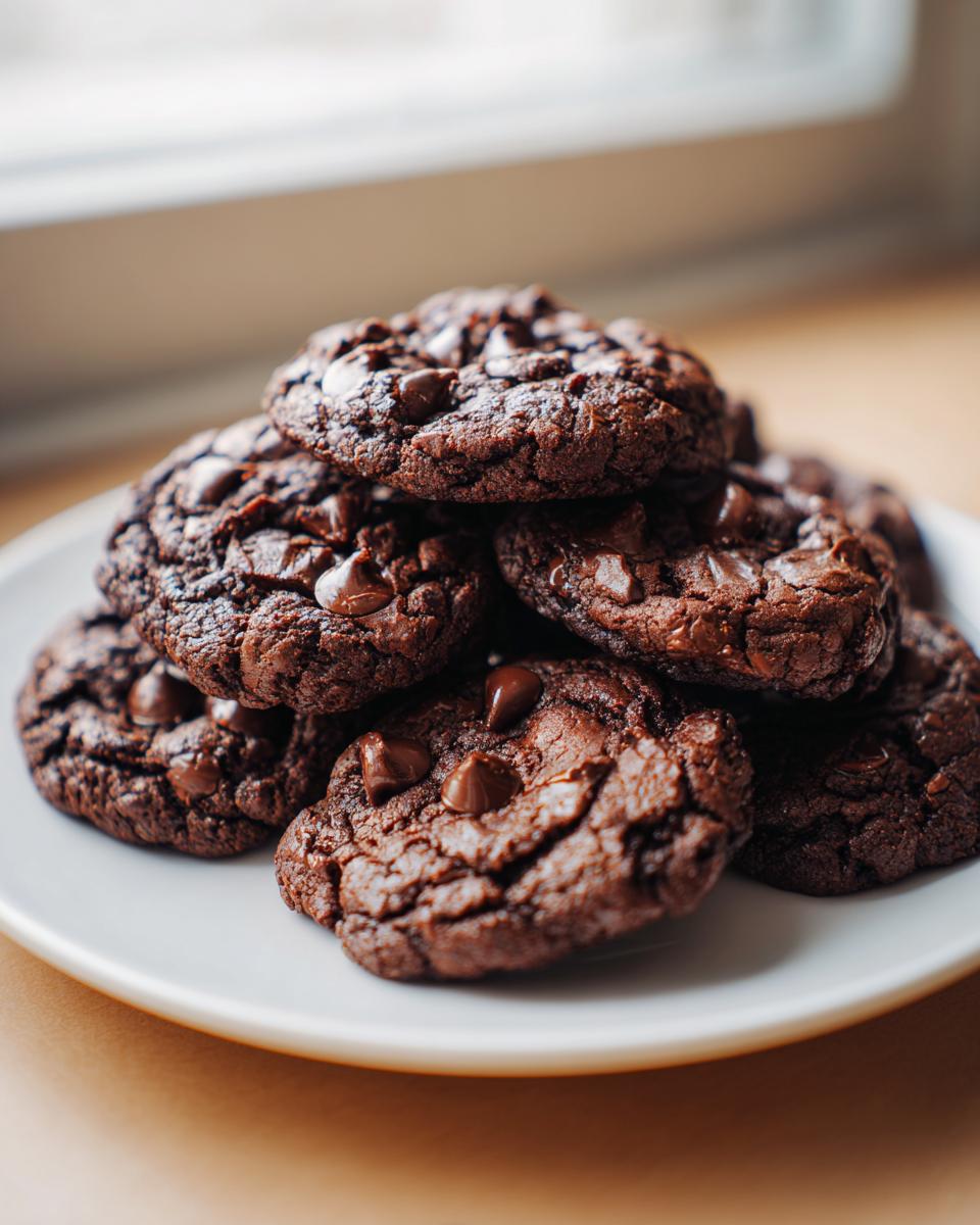 A tempting pile of freshly baked brownie mix cookies loaded with chocolate chips, stacked on a white plate.