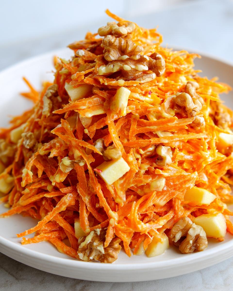 A vibrant mound of shredded carrots, diced apples, and walnuts forming a fresh carrot apple walnut salad on a white plate.