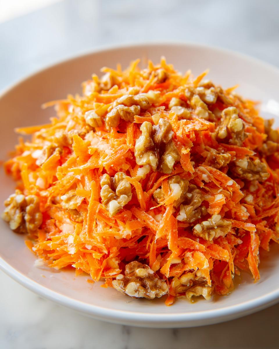 Close-up of bright orange shredded carrots mixed with walnuts in a white bowl, showcasing the carrot apple walnut salad.