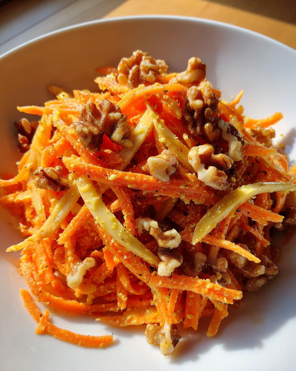 Close-up of vibrant shredded carrot apple walnut salad topped with whole walnuts in a white bowl.