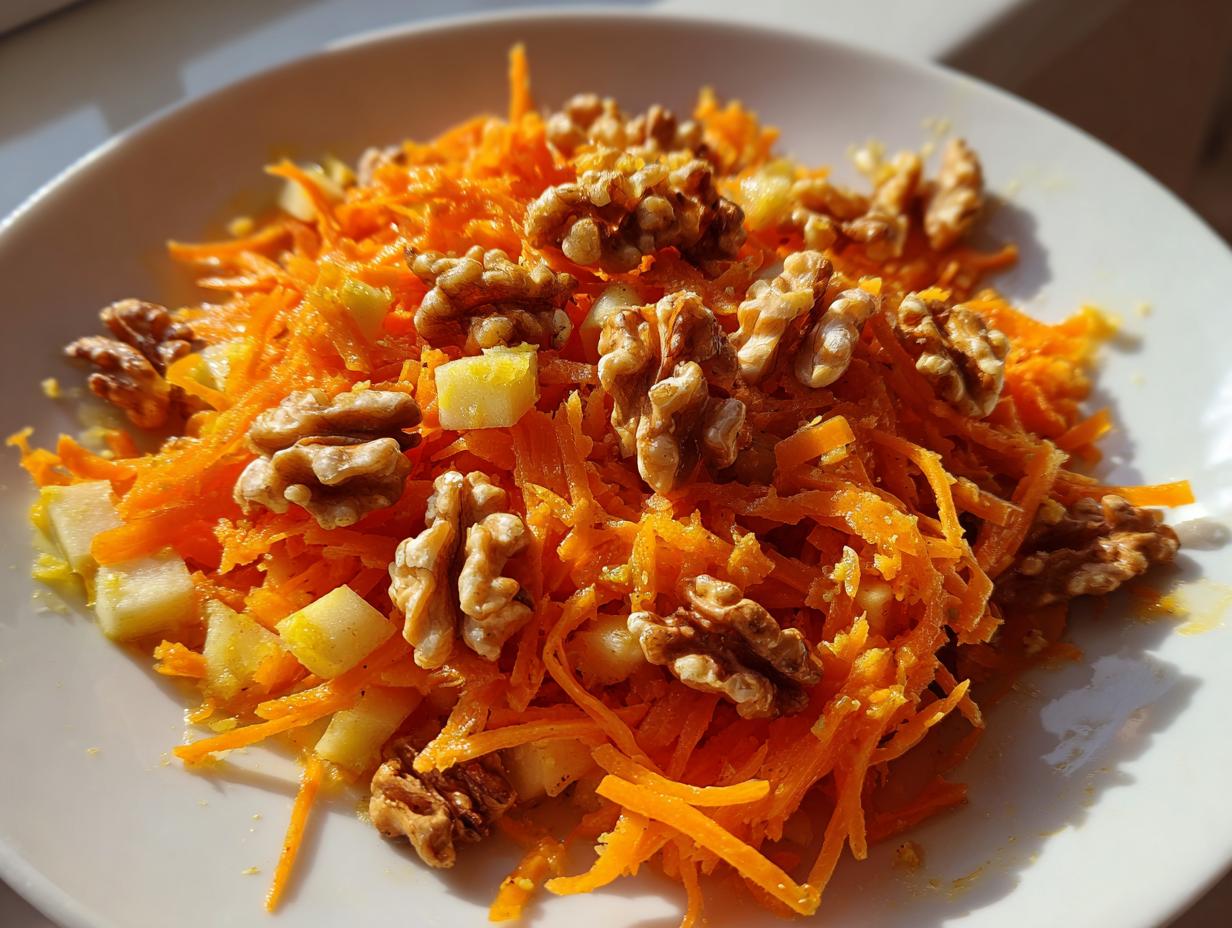 Close-up of a bright carrot apple walnut salad featuring shredded carrots, diced apples, and whole walnuts on a white plate.