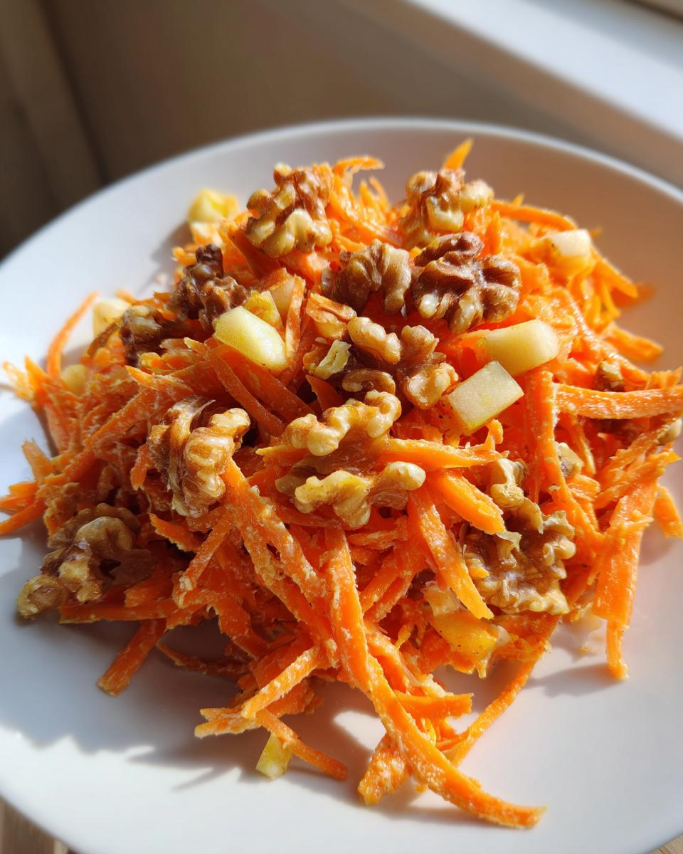 Close-up of a serving of vibrant carrot apple walnut salad topped with whole walnuts.