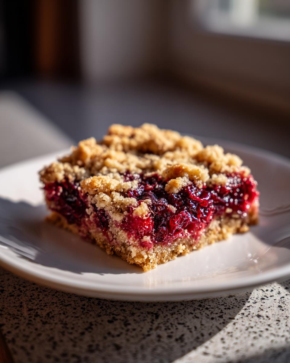 A square slice of cherry dump cake with pie filling, featuring a crumb topping and bright red cherry layer.