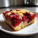 A close-up of a square slice of moist cherry dump cake with a crumbly topping on a white plate.