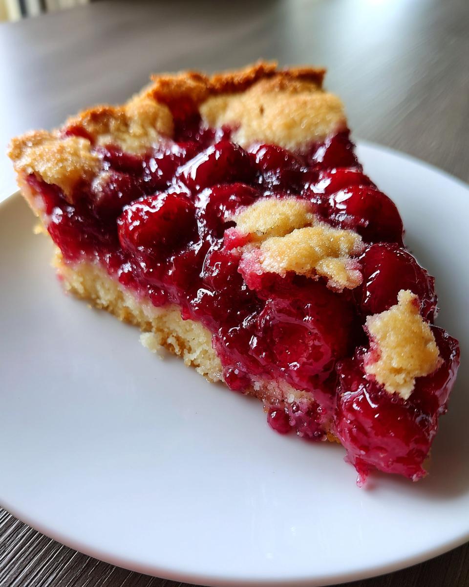 Close-up of a generous slice of cherry dump cake showing bright red cherry filling and crumbly topping on a white plate.