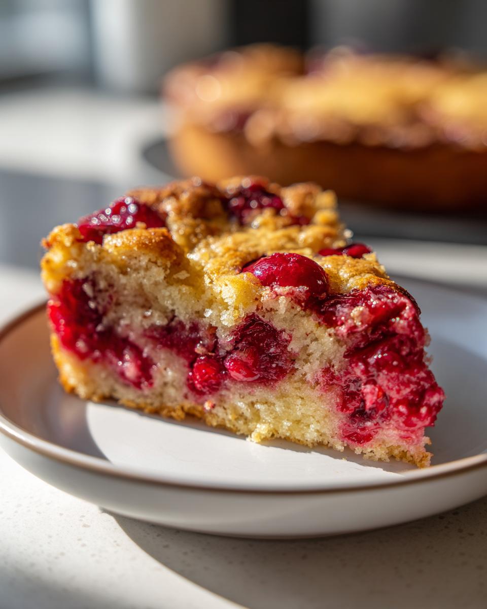 A close-up slice of moist cherry dump cake showing bright red cherries baked into a golden cake base.