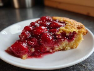 A close-up of a moist slice of cherry dump cake with a golden crust on a white plate.
