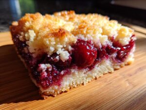 A close-up of a square slice of cherry dump cake recipes 3 ingredients showing a thick layer of bright red cherries and a crumbly topping.