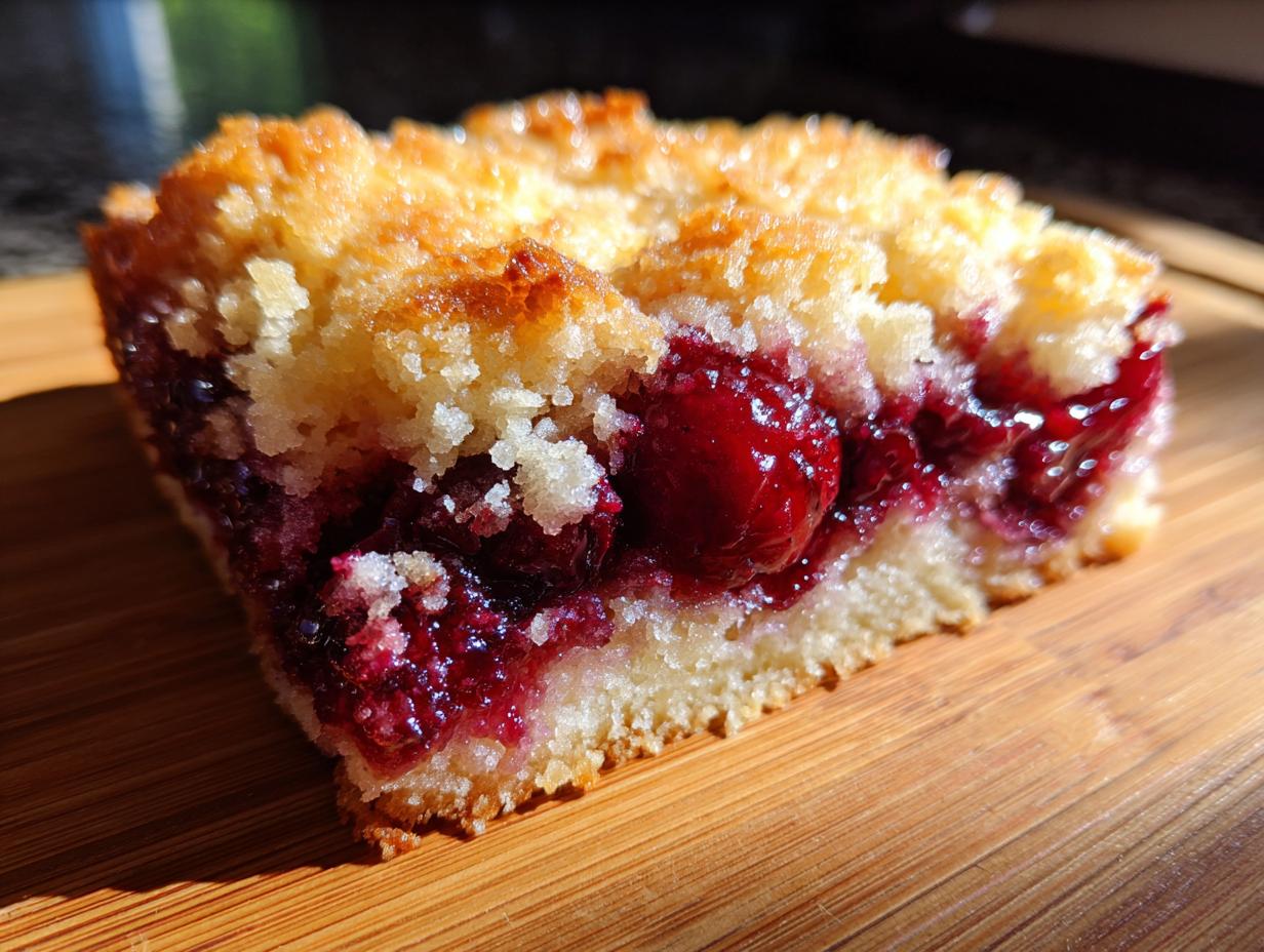 A close-up of a square slice of cherry dump cake recipes 3 ingredients showing a thick layer of bright red cherries and a crumbly topping.