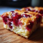 A close-up, appetizing slice of cherry dump cake showing moist cake base and bright red cherry topping.