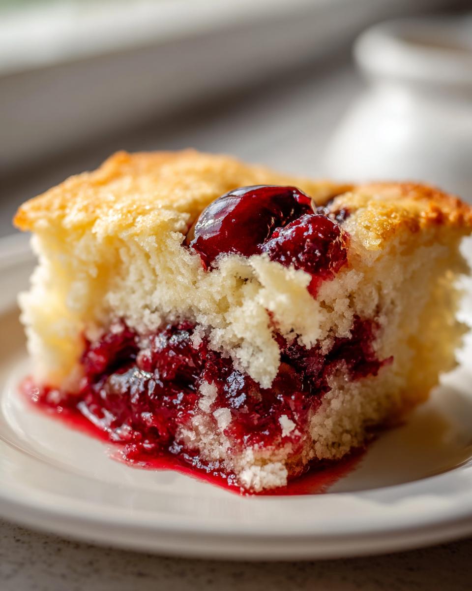 Close-up of a moist slice of cherry dump cake recipes 3 ingredients showing the baked cake and rich cherry filling.