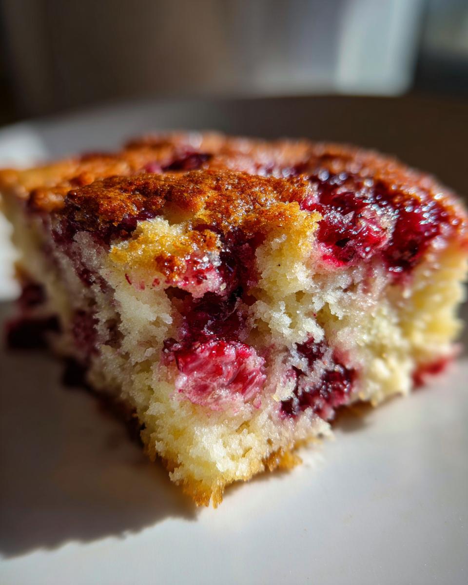 Close-up of a moist slice from cherry dump cake recipes 3 ingredients, showing bright red cherries baked into the yellow cake.