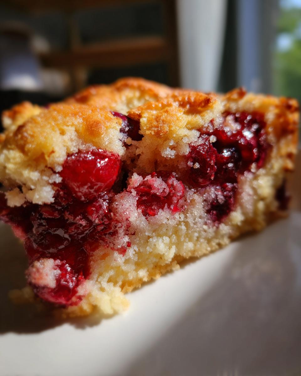 A close-up, sunlit slice of a moist cherry dump cake recipes 3 ingredients showing bright red cherries and a golden crumb topping.