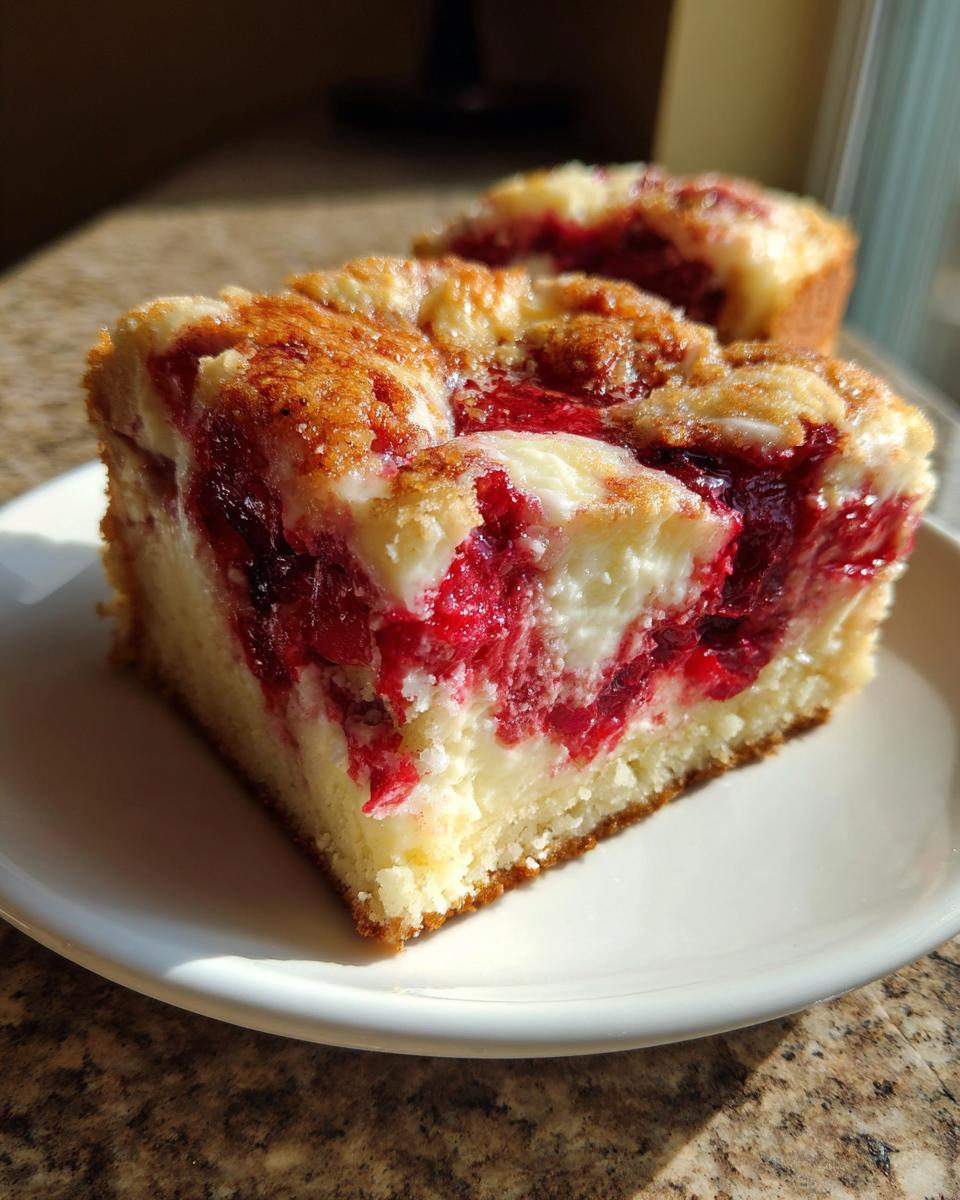 Close-up of a moist slice of cherry dump cake with cream cheese, showing bright red fruit swirls in a light cake base.