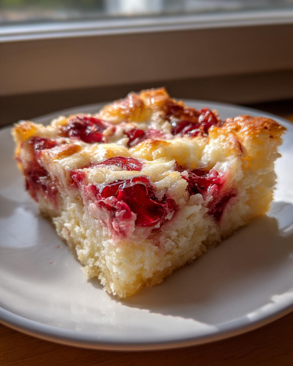 A close-up of a square slice of cherry dump cake with cream cheese on a white plate.