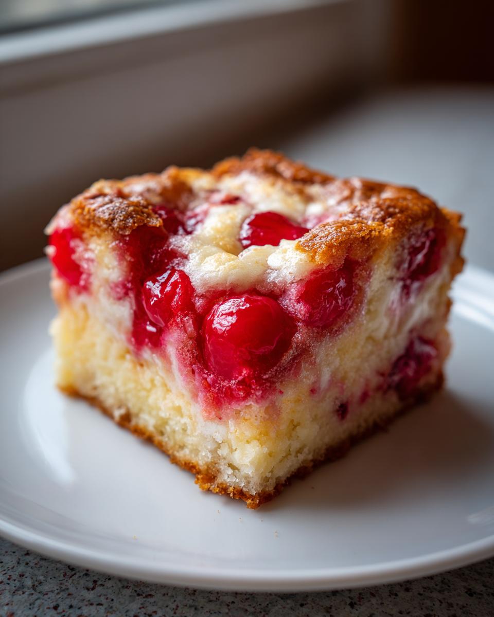 Close-up of a square slice of cherry dump cake with cream cheese, showing bright red cherries and a golden crust.
