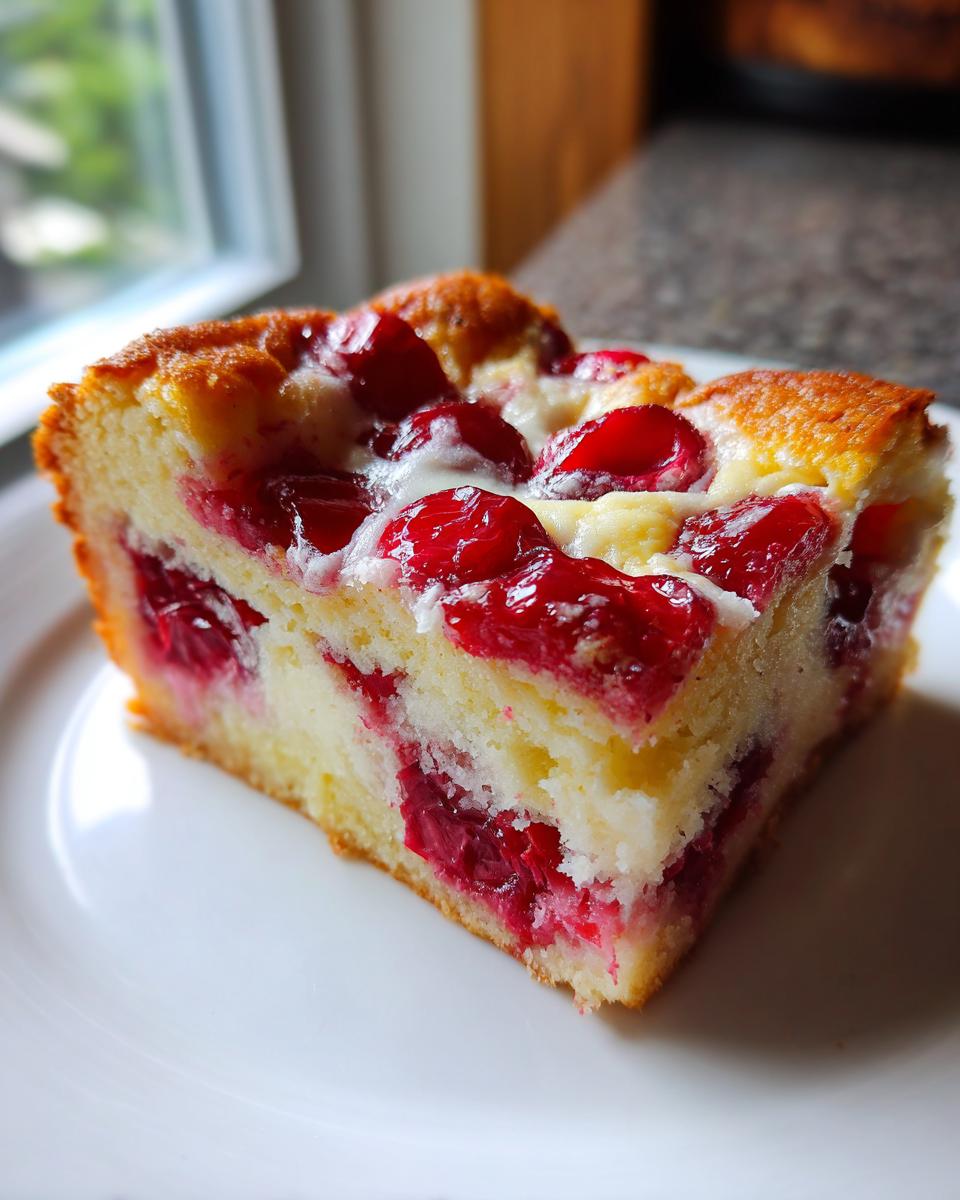 A moist slice of cherry dump cake with cream cheese, featuring bright red cherries baked into a golden cake base.