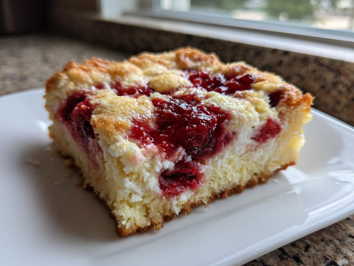 A close-up of a square slice of cherry dump cake with cream cheese layers, served on a white plate.