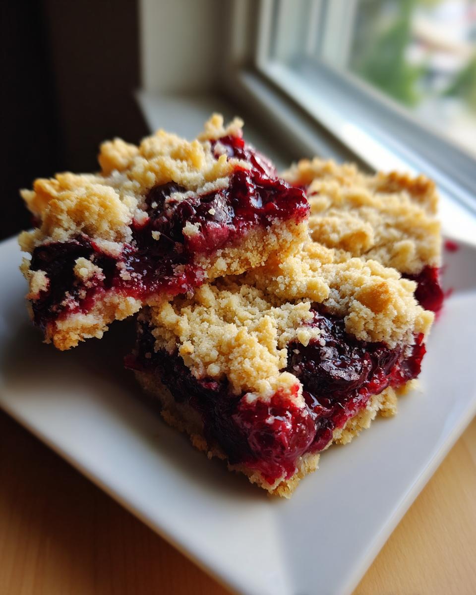 Two squares of cherry dump cake with pie filling showing a thick layer of bright red cherry filling between a buttery crust and crumble topping.