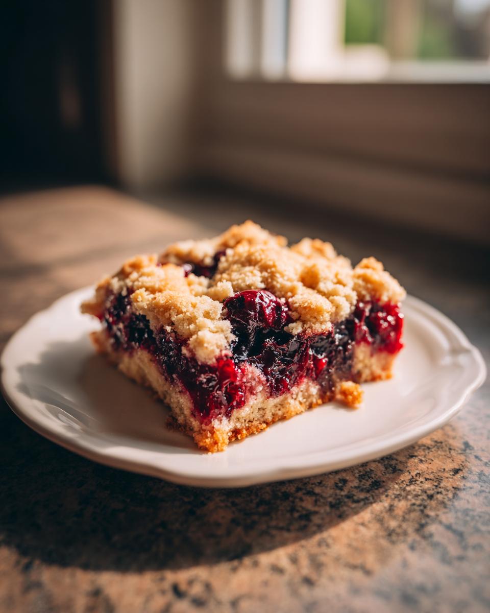 A single serving slice of cherry dump cake with pie filling, featuring a crumbly topping and rich red fruit filling.