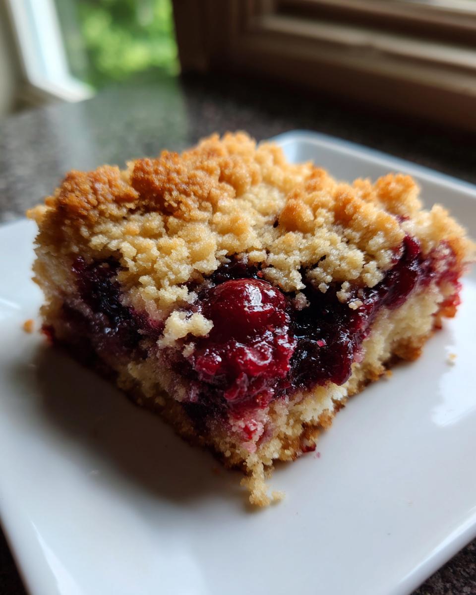 Close-up of a square slice of cherry dump cake with pie filling, showing a crumb topping and juicy red cherries.