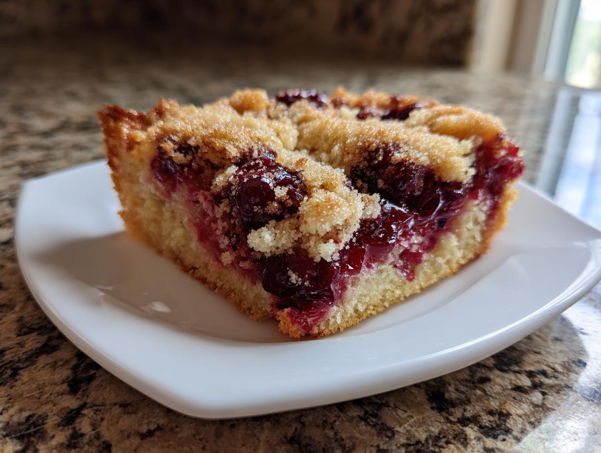 A close-up of a square slice of cherry dump cake with pie filling, featuring a moist cake base and crumbly topping.