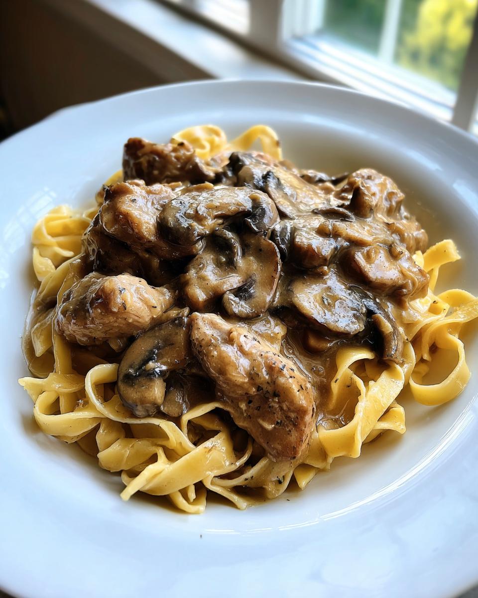 A bowl of fettuccine pasta topped generously with tender chicken pieces and sliced mushrooms in a rich, creamy sauce, perfect chicken marsala pasta.