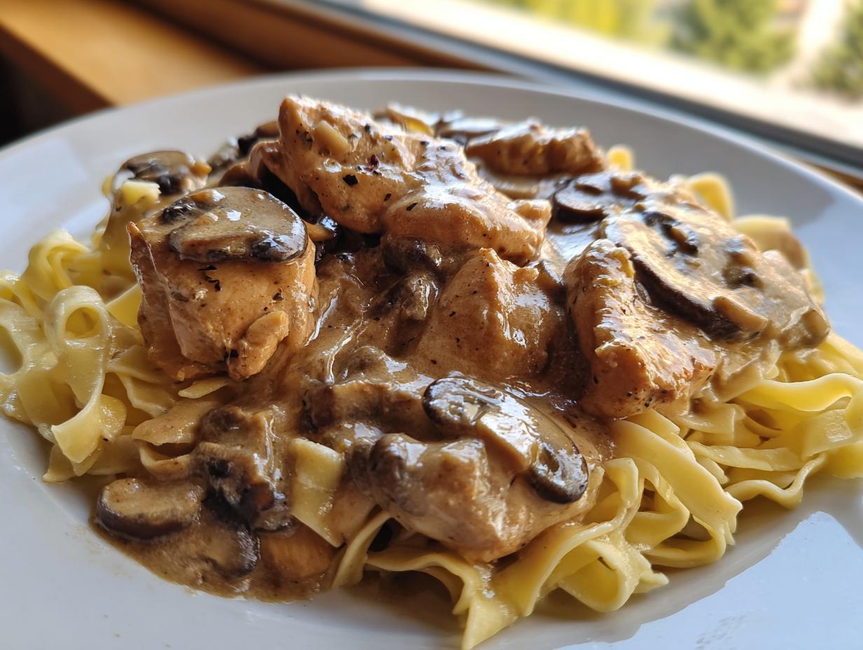 Close-up of tender chicken pieces and sliced mushrooms in a creamy sauce served over wide egg noodles for chicken marsala pasta.