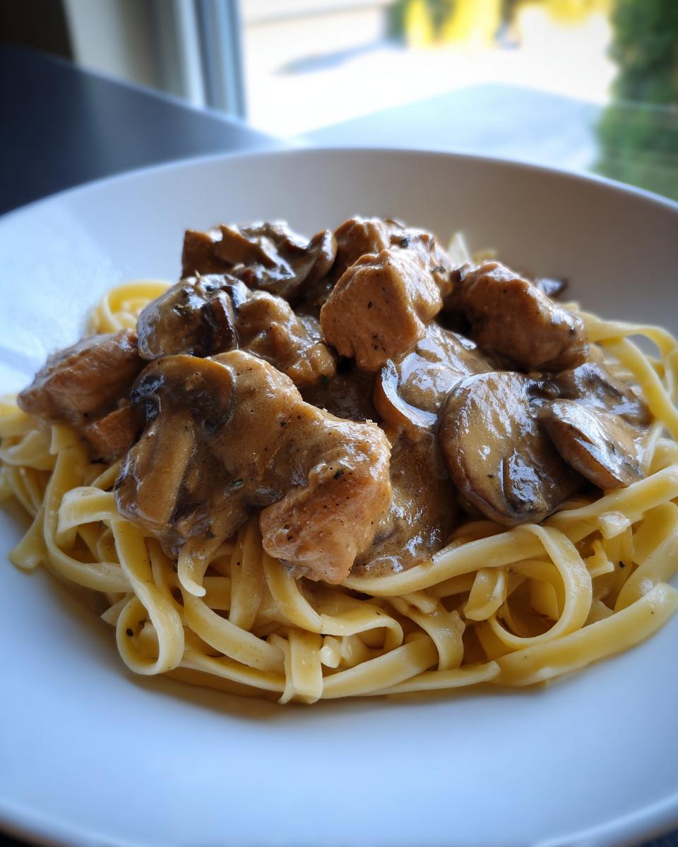 A white bowl filled with fettuccine pasta topped generously with chicken marsala pasta sauce and sliced mushrooms.